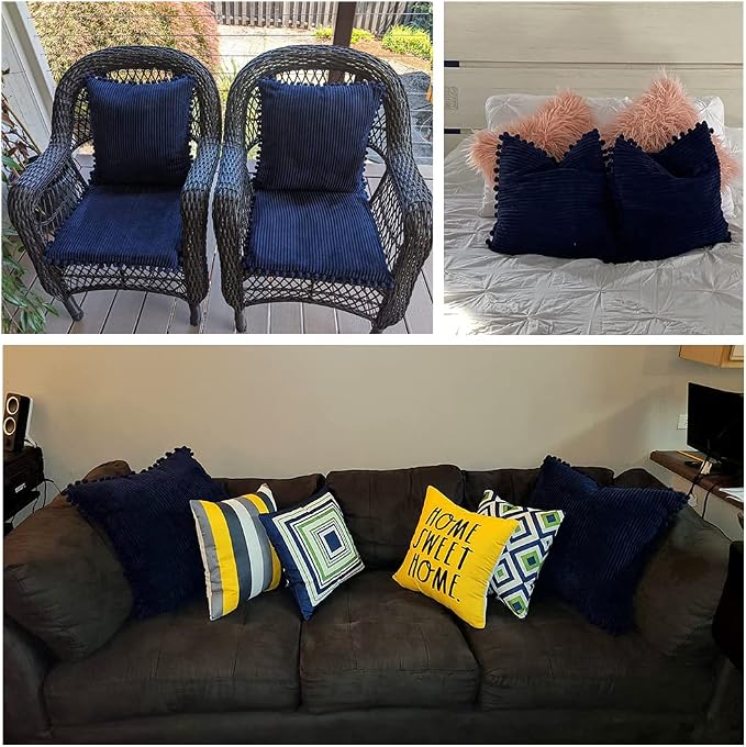 Fancy Homi Pack of 2 Boho Lumbar Decorative Throw Pillow Covers with Pom-poms, Soft Corduroy Solid Rectangle Cushion Cases Set for Couch Sofa Bedroom Car Living Room (12x20 Inch/30x50 cm, Navy Blue)
