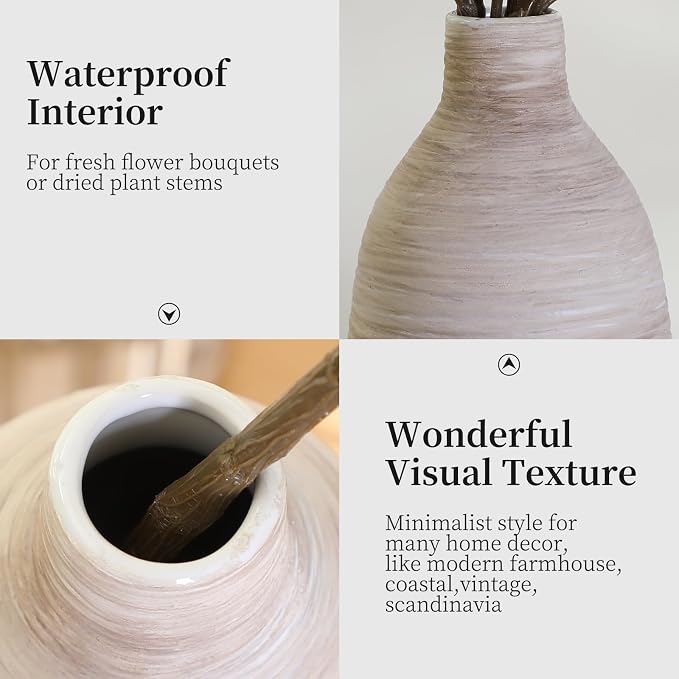 ALMA 18" Ceramic Tall Floor Vase, Boho Flower Vase for Neutral Home Decor | Cream & Brown Brushed Finish, Rustic Decorative Vase for Living Room, Entryway, Mantel, Bedroom, Seasonal Home Styling