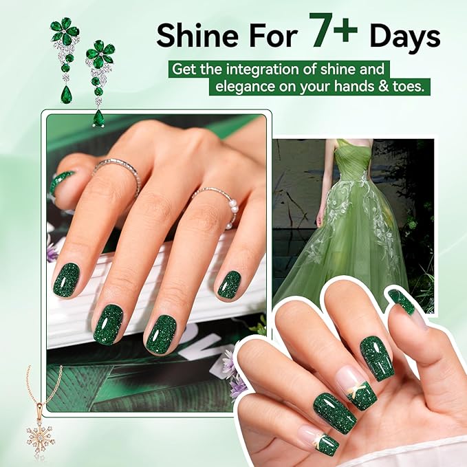 Nail Polish Glitter Green Regular Nail Polish Non-gel, Quick Air Dry, Vegan, Rich in Castor Oil, Streak-free Salon Quality Sparkle Nail Art DIY Home Travel Manicure Gift for Women Girls