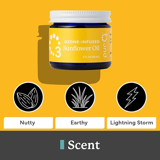 PurO3 Ozonated Sunflower Oil – Pure, Natural, Organic Skincare for Face & Body – Oxygenated Healing Lotion, Moisturizer & Beauty Cream in a Glass Jar – O3 Therapy Salve, 2 oz