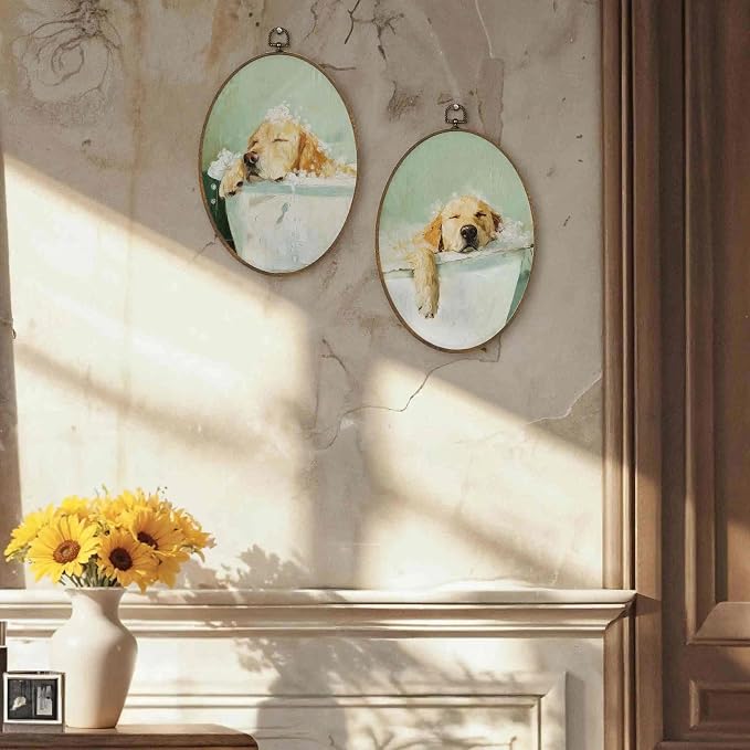 LKETW Funny Golden Retriever Bathroom Oval Wall Art Decor, Golden Retriever Gifts Oval Canvas Hanging Decor, Dog Sleeping in Bathtub Wall Decorations for Bathroom Washroom, 8.6x11.4 Inch Set of 2