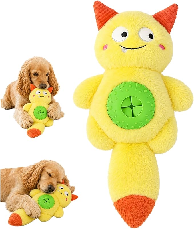 Cute Monster Plush Dog Chew Toy – Squeaky Ball, Crinkle Paper & Treat Dispenser, Washable Interactive Stuffed Toy for All Breeds, Relieves Boredom & Anxiety(Yellow)