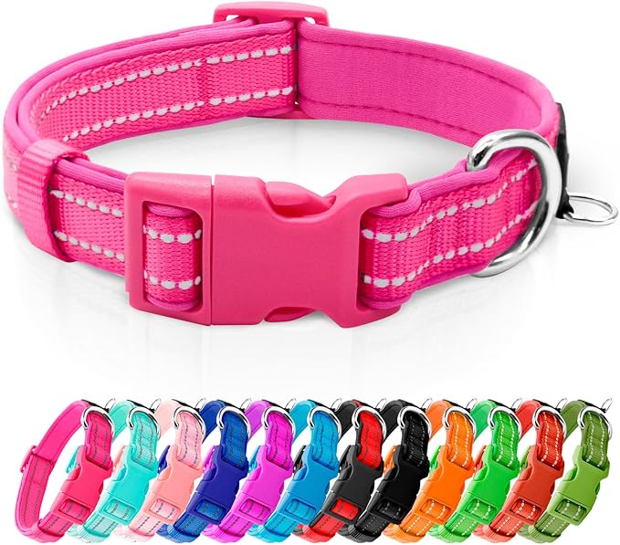 azuza Reflective Dog Collar, Neoprene Padded Medium Dog Collar, Hot Pink, M