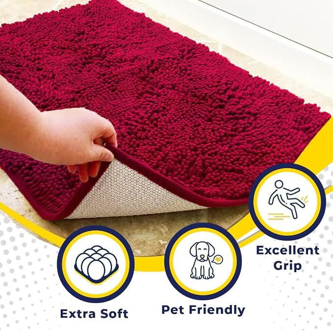 Muddy Mat® | Super Water Absorbent Door Mat Indoor, Microfiber Quick Dry Chenille Entryway Rug, Slip Resistant Front Door Mat, Indoor Mats for Entryway, Machine Washable Pet Rug, Maroon 36" x 72"