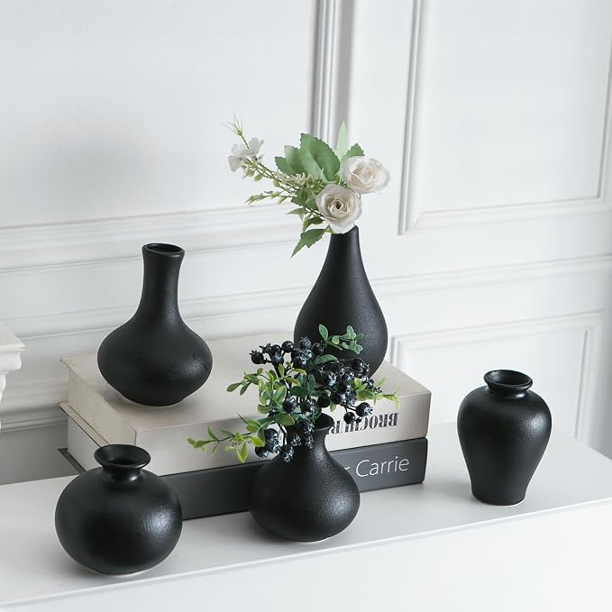 Tanvecle Small Black Vases, Ceramic Bud Vase Set 5, Modern Home Decor | Mini pottery vases for pampas grass, flowers, minimalist home decor, wedding centerpiece for dining table living room shelf