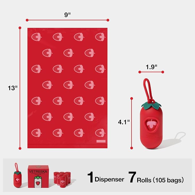 VETRESKA Dog Poop Bag Dispenser with Strawberry Scented Bags, 105 Counts | Leak Proof and Extra Thick Pet Waste Bags, 1 Poop Bag Holder and 7 Rolls for Dog Walking and Cats Litter