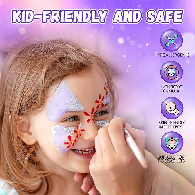 Face Painting Kit for Kids, 54 Colors Water Activated Face Paint Palette, Split Cake Body Paint for Adults, Non Toxic Makeup Kit Professional for Halloween, Christmas,Cosplay,Parties, Birthdays