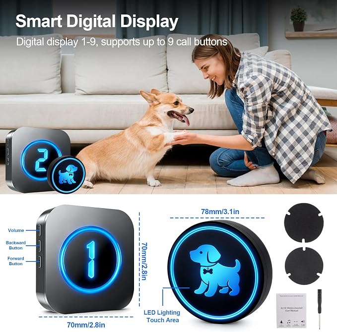 Dog Door Bell (2026 Wireless Receiver with Numeric Display) for Potty Training, Wireless Dog Doorbells to Go Outside, 1000 Feet Long Range, IP65 Waterproof, 60 Melodies & Adjustable Volume (2 Buttons)