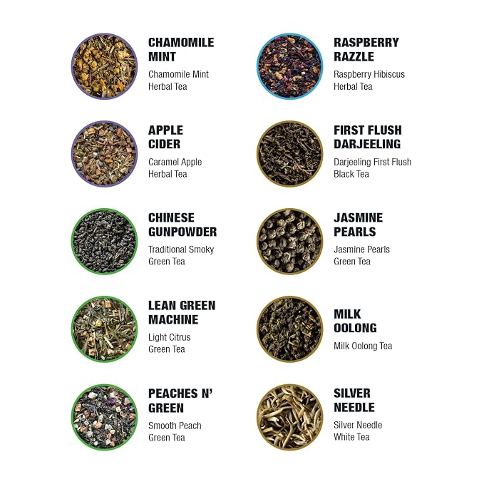 Tiesta Tea - Classic Teas Sampler Dry Flight Set, Loose Leaf, High to No Caffeine, Makes Hot & Iced, Assorted Tea Sets with Herbal, Black, Green, and Fruit Blends, 20 Resealable Sample Pouches