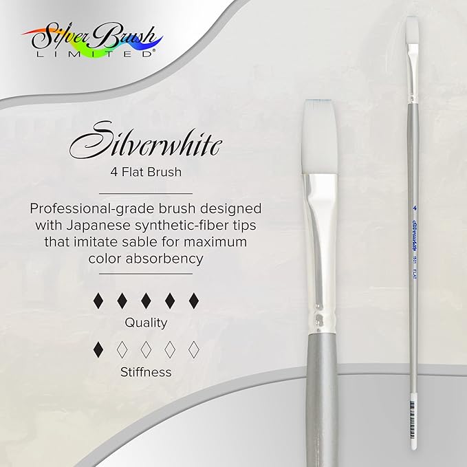 Silver Brush Limited 15014 Silverwhite Flat Brush, Watercolor, Acrylics, Gouache, or Oil Brush, Size 4, Long Handle