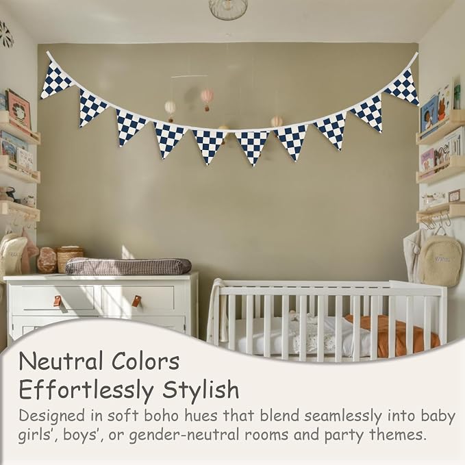 Boys Room Wall Art Decor,Cars Room Decor for Toddler Nursery Playroom,Navy Blue and White Checkered Garland Pennant Banners,Racing Flags 11Ft Bunting Flags Fabric for Baby Shower Birthday Party