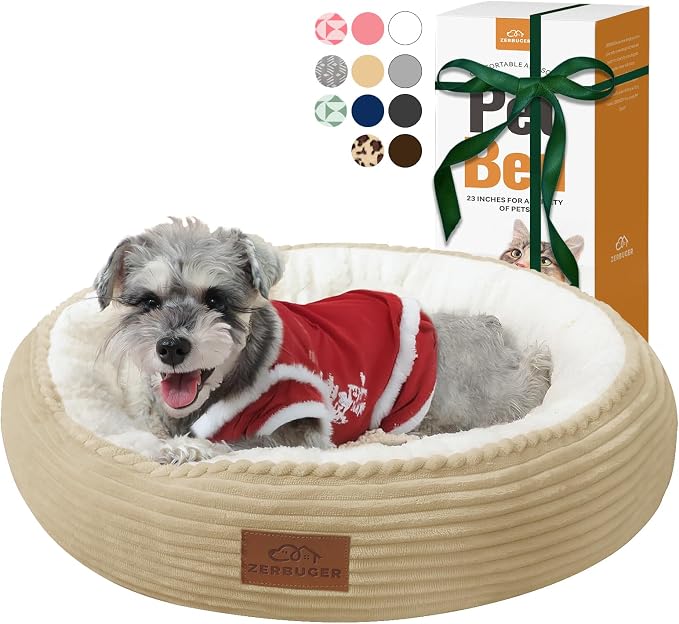 Zerbuger 23in Camel Round Dog Bed Sofa for Dogs Cats, Machine Washable | for Small/Medium/Large Dogs Cats, Foam Pet Couch with Removable Mat Non-Slip Bottom, Pet Cuddler for Indoor/Outdoor/Car/Cage