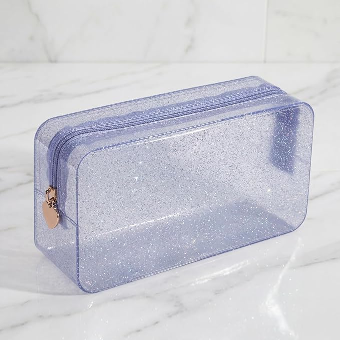 RSRSLEII Stardust Twinkle Jelly Travel Makeup & Toiletry Bag, Waterproof PVC Cosmetic Bag/Case for Women，Zipper SPF Beach Bag for Sunscreen Skincare and Daily Essentials (06Silver-Large)