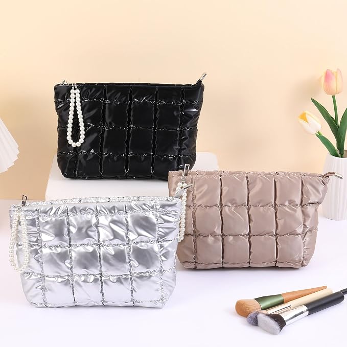 Puffer Quilted Makeup Bag Travel Cosmetic Bag Portable Puffy Checkered Toiletry Pouch Skincare Organizer Purse Pencil Case (Hot Pink)