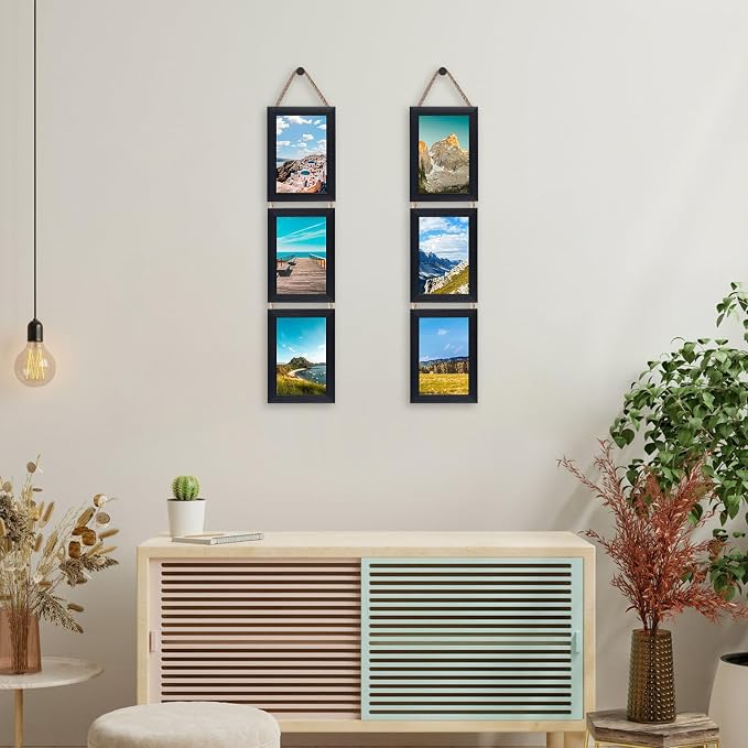 QUTREY 4x6 Collage Picture Frames Black, 6 Openings Vertical Hanging Photo Frame Set Display 4 by 6 inch Pictures for Wall Decor, 2 Pack