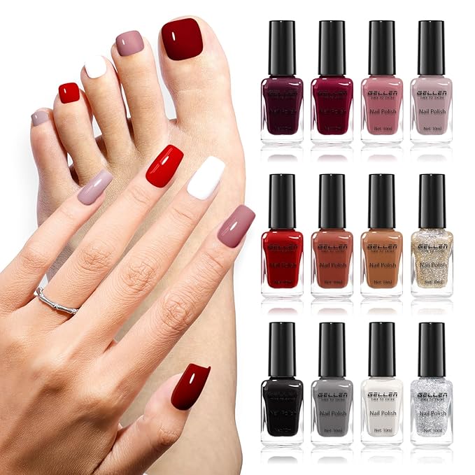Gellen 12-Color Nail Polish Set, 10ml Fall Winter Trendy Air Dry Regular Nail Polish for Women Finger Toe & Fake Nails, Not UV Gel, Toxin TPO HEMA Free, Black White Gray Nude Red Brown Gold Silver Set