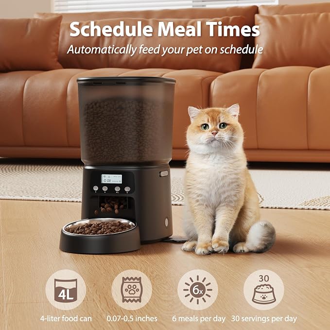 Petrice Automatic Cat Feeder, 4L/16Cups Cat Food Dispenser with Stainless Steel Bowl Programmable 30 Portions 6 Meals per Day, Timed Pet Feeder for Kitty Small Dogs with 10S Voice Record, Black