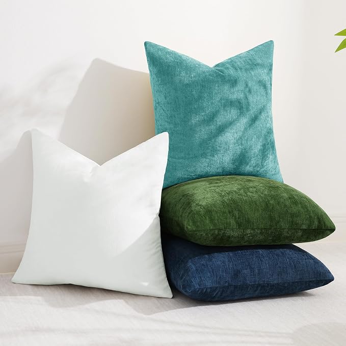 decorUhome Soft Chenille Turquoise Throw Pillow Covers 24X24 Set of 2 | Decorative Fall Couch Pillow Covers Solid Dyed Accent Modern Euro Sham Farmhouse Neutral Square Pillow Cases for Sofa