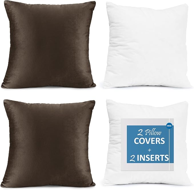 Throw Pillow Inserts Pack of 2 with Velvet Soft Solid Decorative Square Throw Pillow Covers Set for Sofa Couch Car Bedroom, 26X26 Throw Pillows Inserts with 24x24 Washable Cushion Covers, Dark Brown