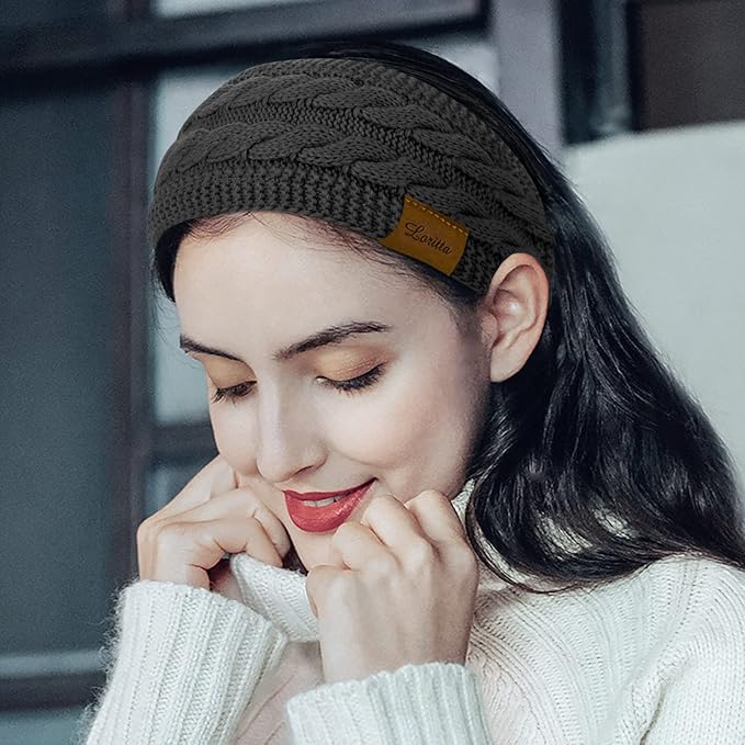 Loritta 2 Pack Headbands for Women Winter Warm Cable Knit Ear Warmer Thick Head Wrap Fuzzy Fleece Lined Gifts