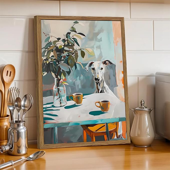 Funny Dog Wall Art, Whimsical Whippet Wall Decor Painting Cute Greyhound Poster Canvas Print Animal Artwork for Dining Room Kitchen Living Room 16x24 inch Wood Framed