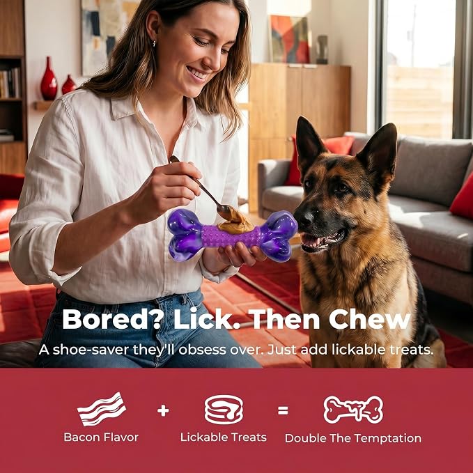 Tough Dog Toys for Aggressive Chewers Large Breed, Dog Chew Bone with Bacon Flavor, Pure Nylon Chew Toy for Medium Large Dogs, Bacon Flavor, Purple