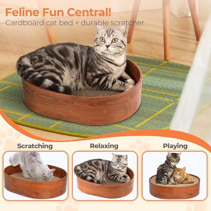 Oval Cat Scratcher Bed 16 in, 3 Reversible Cardboard Scratch Pads for Cats | Cat Scratching Board, Corrugated Cardboard Inserts, Double-Sided Use, Bowl Shape, Furniture Protection, Indoor Floor Use