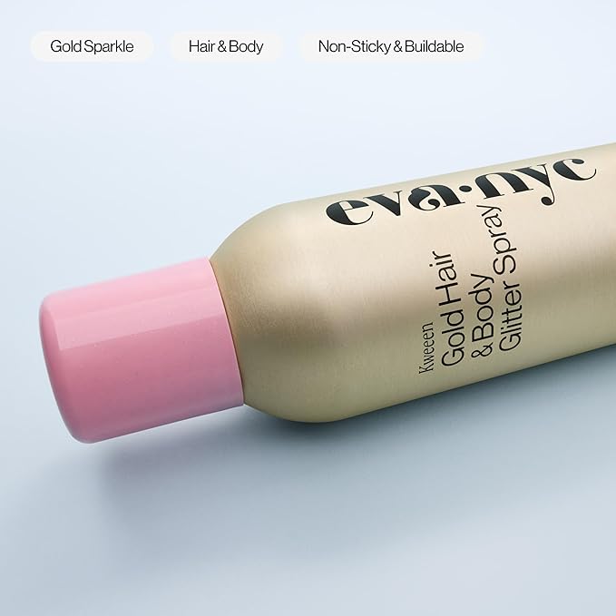 Eva NYC Kweeen Gold Hair and Body Glitter Spray - Ultra Shimmery Gold Glitter Formula - Adds Shine + Non-Sticky - Quick Drying Sparkle Spray for Hair and Body - Warm Vanilla Scent - 4.9 oz