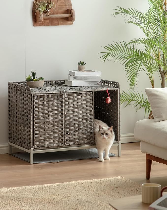 SETVSON Cat Litter Box Enclosure Furniture with Divider, Cat Cabinet,Gray | Handwoven PE Rattan with Soft Mat, 3.54-In Heightened Metal Feet, 2 S-Hooks, 31.2 x 19.6 x 24.2 Inches Spacious Cat Furniture