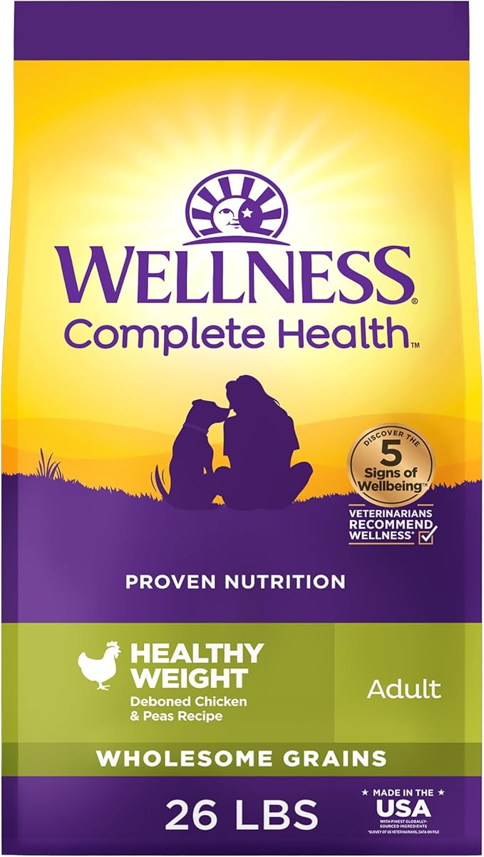 Wellness Complete Health Healthy Weight Adult Dry Dog Food, Wholesome Grain Kibble, Chicken and Peas Recipe, 26 lb Bag