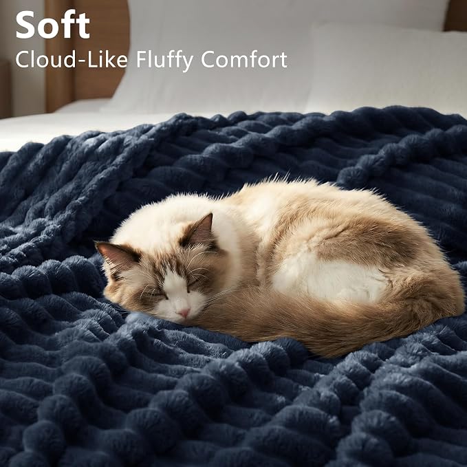 HIMEET Navy Blue Queen Blanket for Bed, 300GSM Ribbed Fleece, 90 x 90 in | Ultra Soft Flannel, All-Season Lightweight Warmth, Cozy Bed Coverage & Bedroom Decor, Gift for Men & Women, Machine Washable