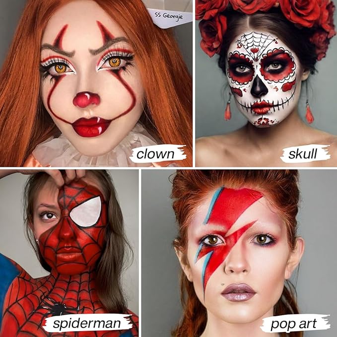 DE'LANCI Red Face Paint Halloween Goth Clown Makeup, Professional Red Face Paint Foundation Makeup, Smooth Semi-matte Face Paint Red SFX Makeup, Safe Red Body Paint for Joker Stage Vampire Costumes