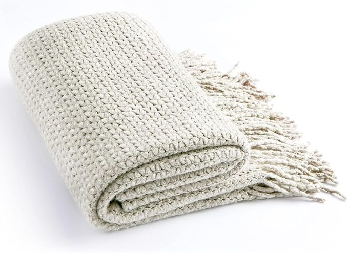 Blagic Grey and White Knit Throw Blanket with Tassel Home Decor Blanket Holiday Throw Wrap Shawl Scarf, Lightweight Soft Cozy Warm Fluffy, Wheat Textured, 60" W x 80" L