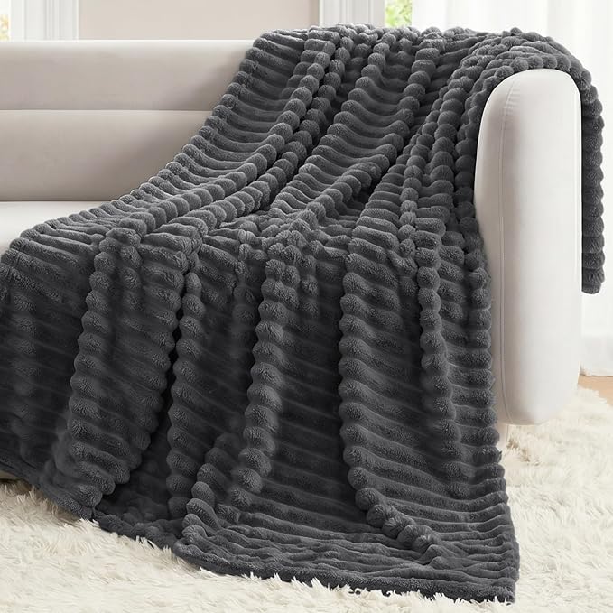 Dark Gray Throw Blanket for Couch & Bed, 50 x 60 Inch | 300GSM Ribbed Fleece Blanket, Soft, Cozy & Lightweight, OEKO-TEX Certified, All-Season Use for Travel, Dorm & Home Decor