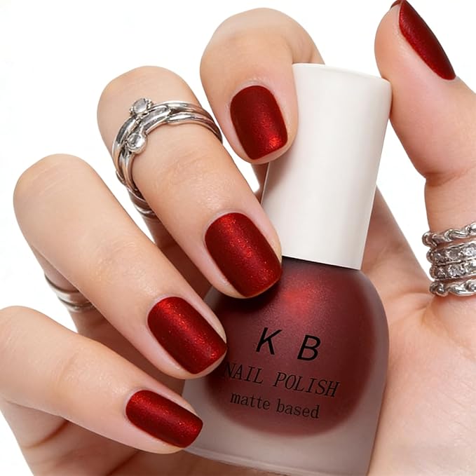 Matte Red Nail Polish Quick Dry, Shimmer Velvet Nail Polish Air Dry, Non Toxic Deep Red Fingernail Color for Women Girls, Ruby Matte Finish