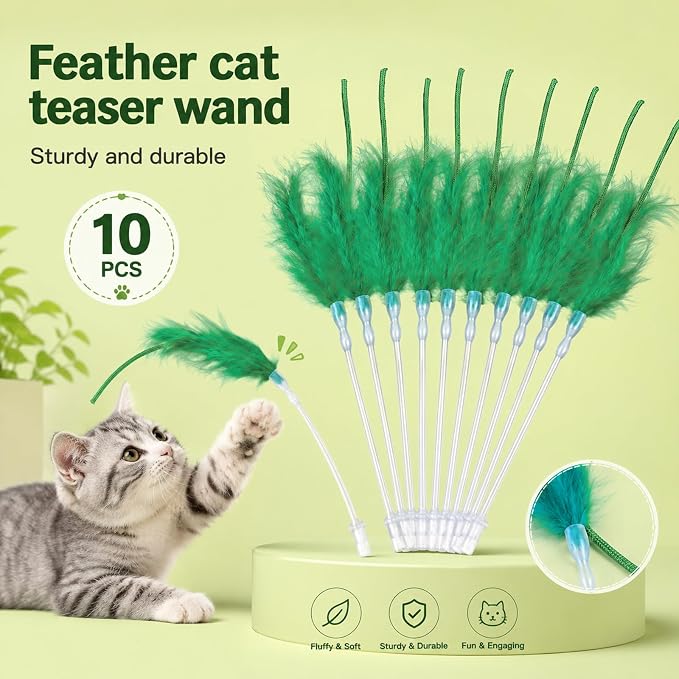 10 Pack Green Feather Cat Teaser Wand Refills Replacement Feather Attachments for Interactive Cat Wand Toy, Durable Spare Feather Accessories for Indoor Kittens Playing