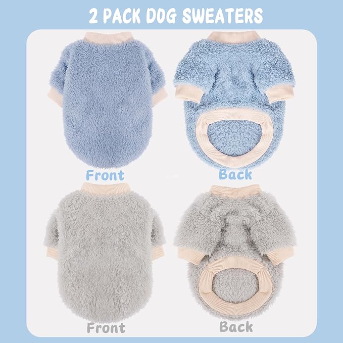 2 Pieces Dog Sweater for Small Dogs Winter Warm Puppy Sweater Fleece Cute Dog Clothes for Dogs Like Chihuahua Yorkie Thick Pet Clothing (Light Grey, Blue, Small)