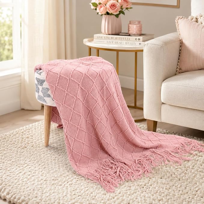 BATTILO HOME Blush Throw Blanket with Tassels, Pink Knit Blanket for Home Decor, Boho Style Textured Knitted Decorative Twin Blanket for Couch, Sofa &Bed, 52"x80"