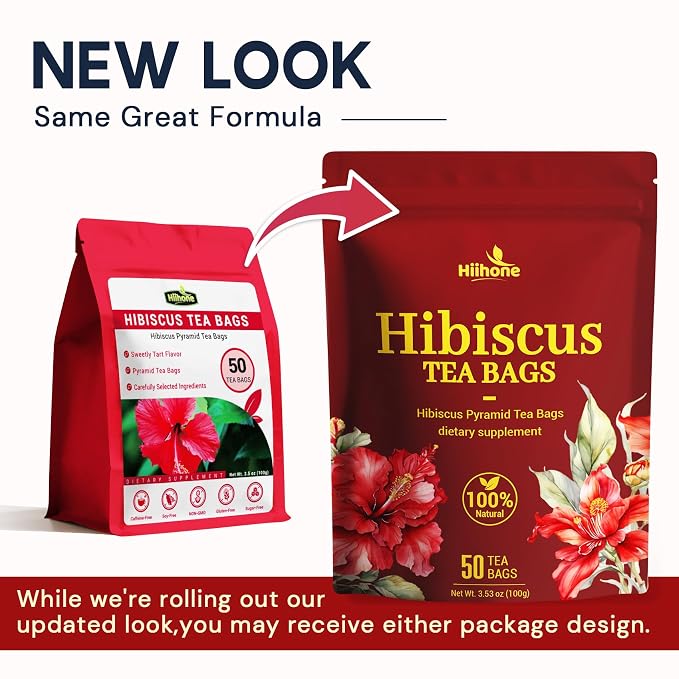 Hibiscus Tea Bags, Hibiscus Flower Herbal Tea - Caffeine & Sugar Free, 50 Teabags