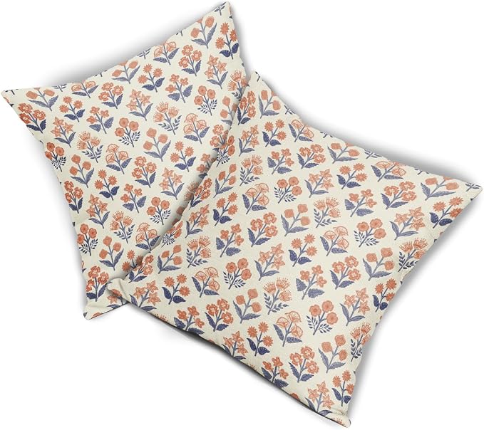 Navy Blue Orange Floral Block Print Pillow Covers 22x22 Inch Set of 2, Fall Vintage Flower Pattern Decorative Throw Pillowcases Outdoor Farmhouse Cushion Covers Seasonal Rustic Sofa Couch Bed Decor