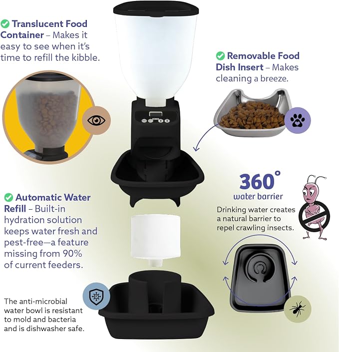 Feeding Friend® Automatic Dog & Cat Food Feeder with Water Dispenser, Smart Portion Control, OLED Display, Anti-Jam Design, Battery Operated, Medium Pets 15–30 lbs, Black