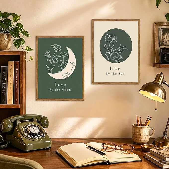 Framed Boho Sun and Moon Wall Art Set of 2, Sage Green Floral Line Pictures Wall Decor, Minimalist Quotes Paintings Mid Century Modern Canvas Prints for Living Room Bedroom Office 12x16 inch