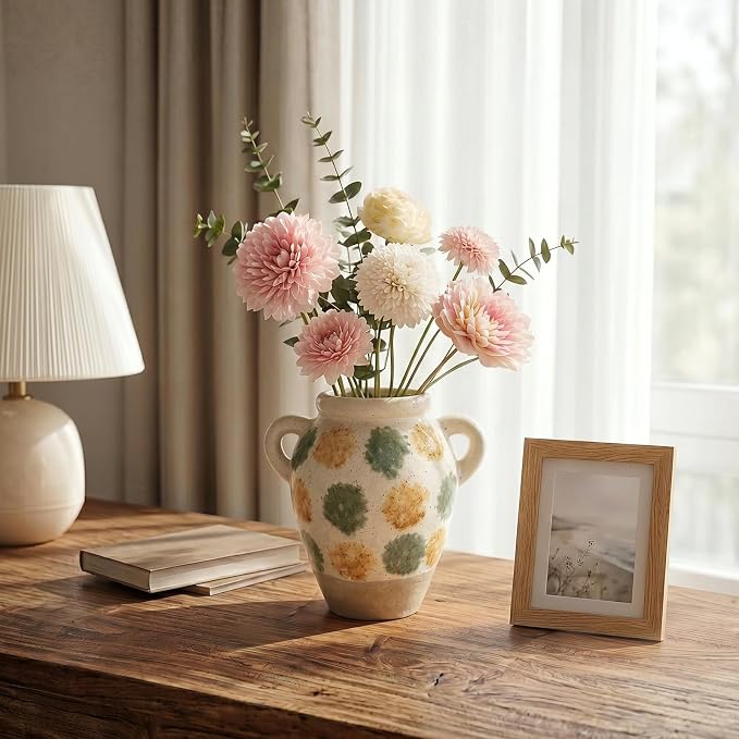 DOWAN Ceramic Flower Vase, Decorative Pampas Vase for Home Decor, Modern Farmhouse Pottery Vase for Living Room Table Kitchen Bedroom Coffee Desk Entryway Mantel Book Shelf (Green Crackle, 6.9 INCH)