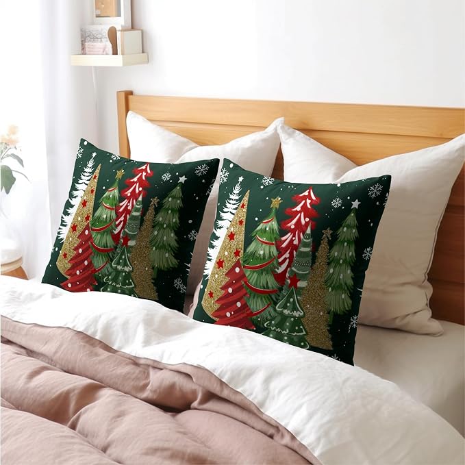 Kawani Christmas Tree Throw Pillow Covers 16x16 Inch Set of 2 Red Gold Green Pine Trees Decorative Pillows Pillowcase Square Cotton Linen Cushion Case for Bed Living Room Outdoor Car
