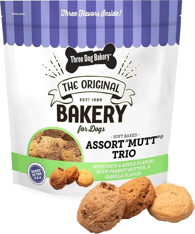 Three Dog Bakery Assort Mutt Trio Soft Baked Dog Treats - Oats, Apple, Peanut Butter & Vanilla Flavors - 48 oz Variety Pack