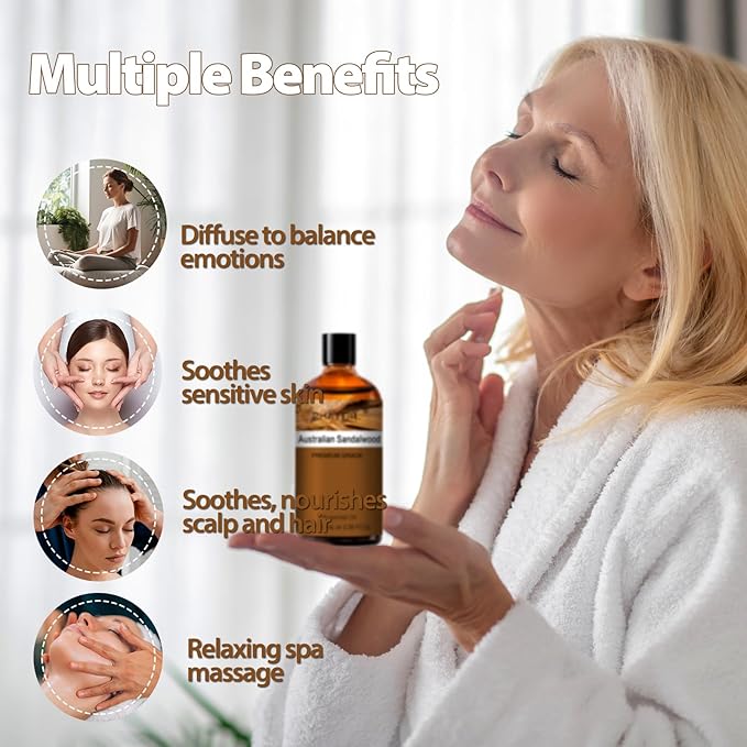 PHATOIL Australian Sandalwood Essential Oil, Pure Premium Natural Oil for Hair Care, Body Skin Care, Aromatherapy, DIY Candle, Soap Making 3.38Fl Oz