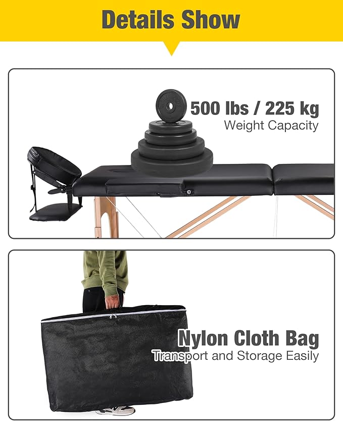 Professional Massage Table Portable Massage Bed for Spa Salon Tattoo Esthetician Lash Reiki, Adjustable Height 84" Long & 500 LBS Load Capacity, Black (2-Section)