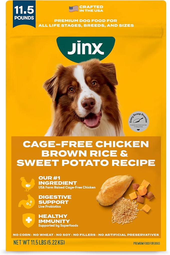 Jinx Dry Dog Food - Cage Free Chicken, Brown Rice & Sweet Potato, 11.5lb | Premium Kibble for Digestive Support & Healthy Immunity - No Fillers, All Lifestages (Puppy, Adult & Senior), Breeds & Sizes