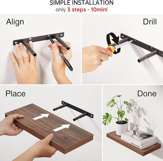 BAYKA Walnut-Like Floating Shelves 15.7in, 3 Pack, Wall Mount Rustic Shelf | 22lbs Max Load, Hidden Bracket, for Bathroom Bedroom Kitchen Display Storage Decor, Easy Install, Multi-Wall Compatible