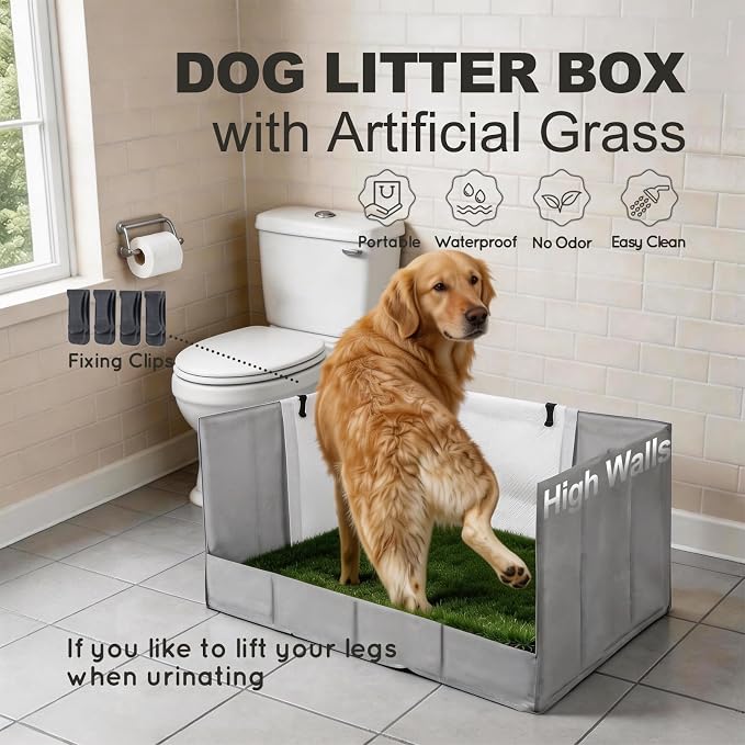 HQ4US Dog Grass Pad with Tray, Foldable Litter Box High Wall, Indoor Potty | Extra Large Easy Clean Puppy Pee Pad Holder with Odor Free Artificial Grass Patch for Dogs Potty, Leakproof, No Assembly